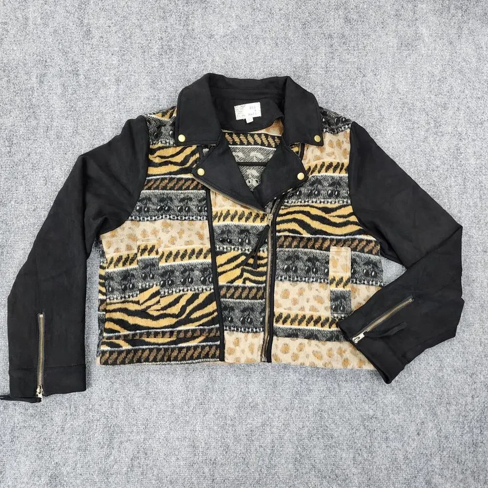 Oli Hali Jacket Womens Large Animal Print Moto Zip Biker Boho Aztec Southwestern - Picture 1 of 16